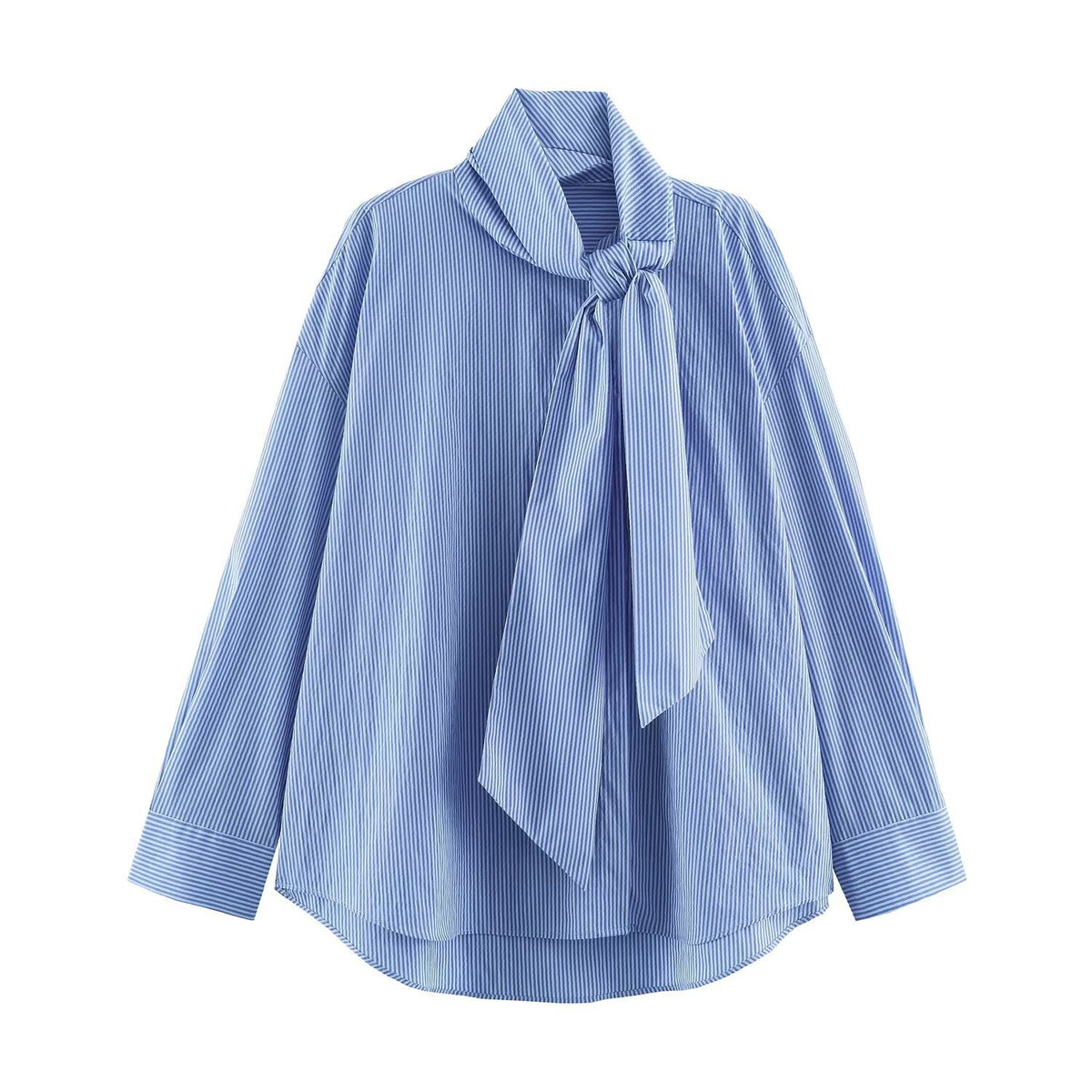 Loose bow decoration scarf collar long sleeved striped shirt for women