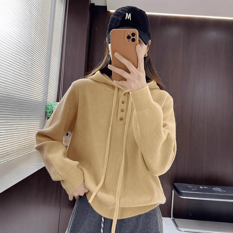 Pull en tricot à capuche à manches longues et fermeture éclair pour femmes Haut décontracté à coupe ample
