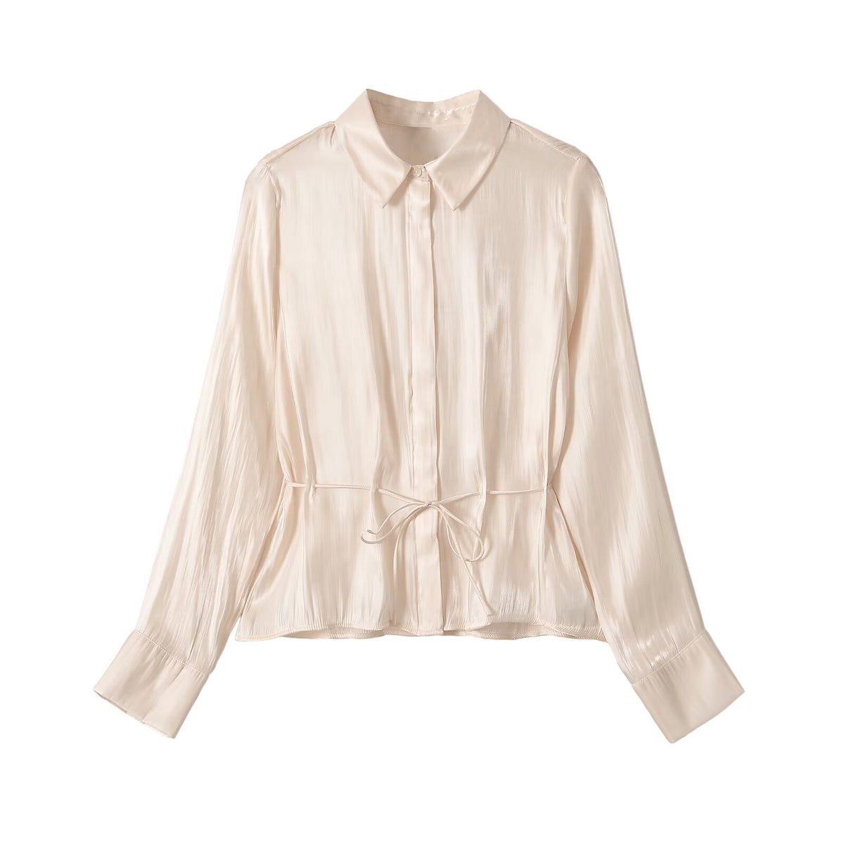 Casual glossy effect belt waist cinched shirt for women