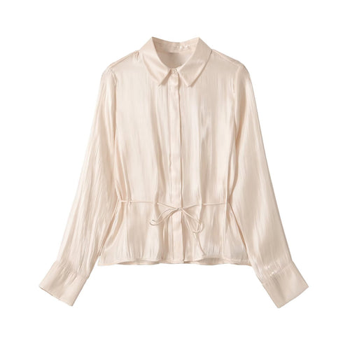 Casual glossy effect belt waist cinched shirt for women