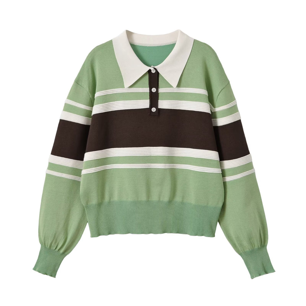 Versatile loose contrasting striped knitted sweater for women