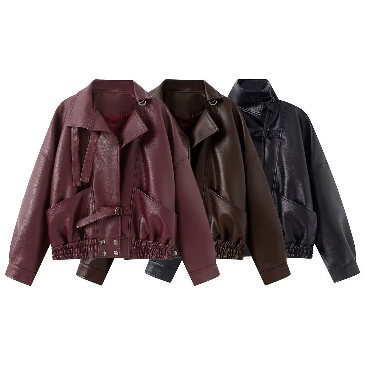 Veste de moto vintage en faux cuir avec ceinture pour femmes