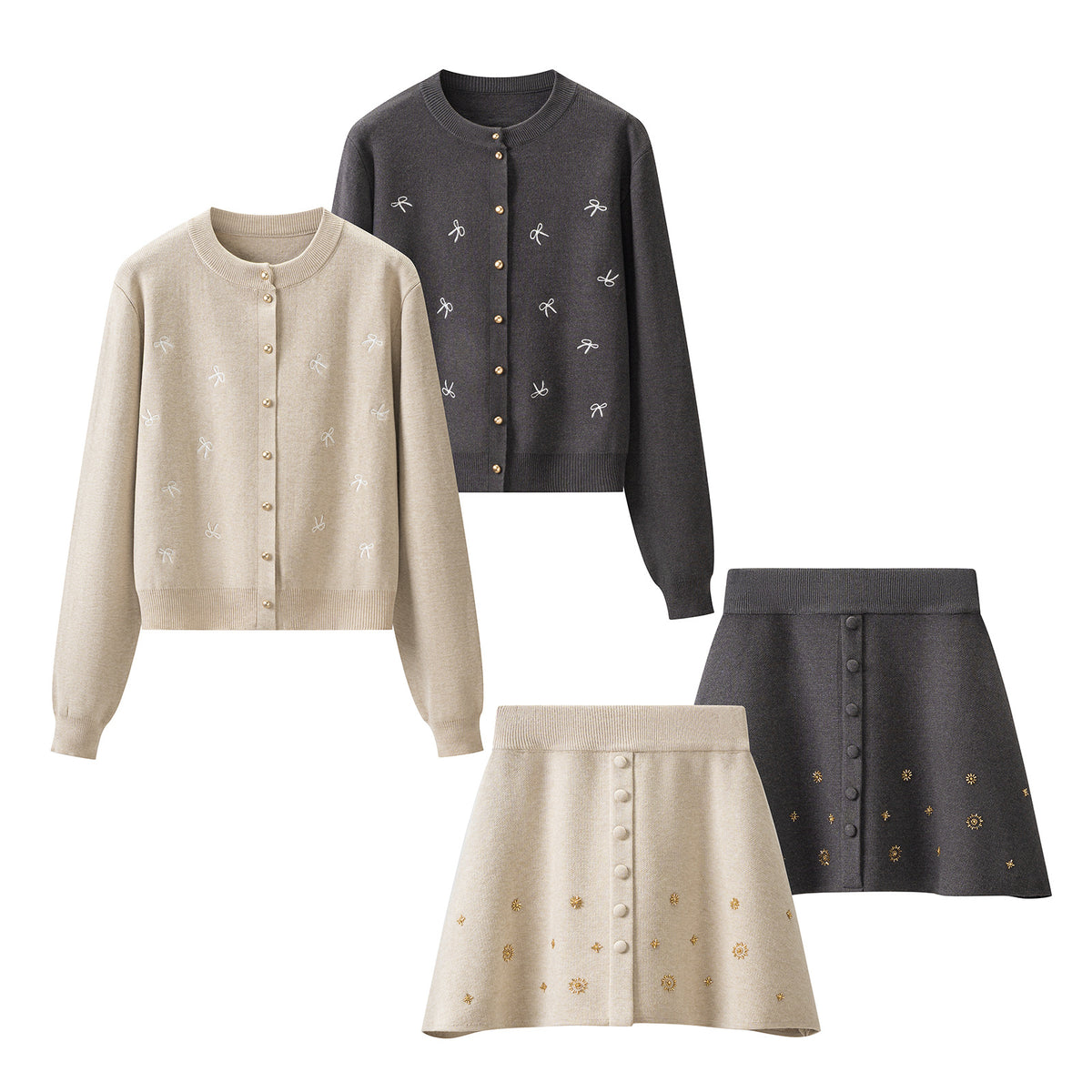 Women's Embroidered Long Sleeve Knit Cardigan and A-Line Mini Skirt Two-Piece Set