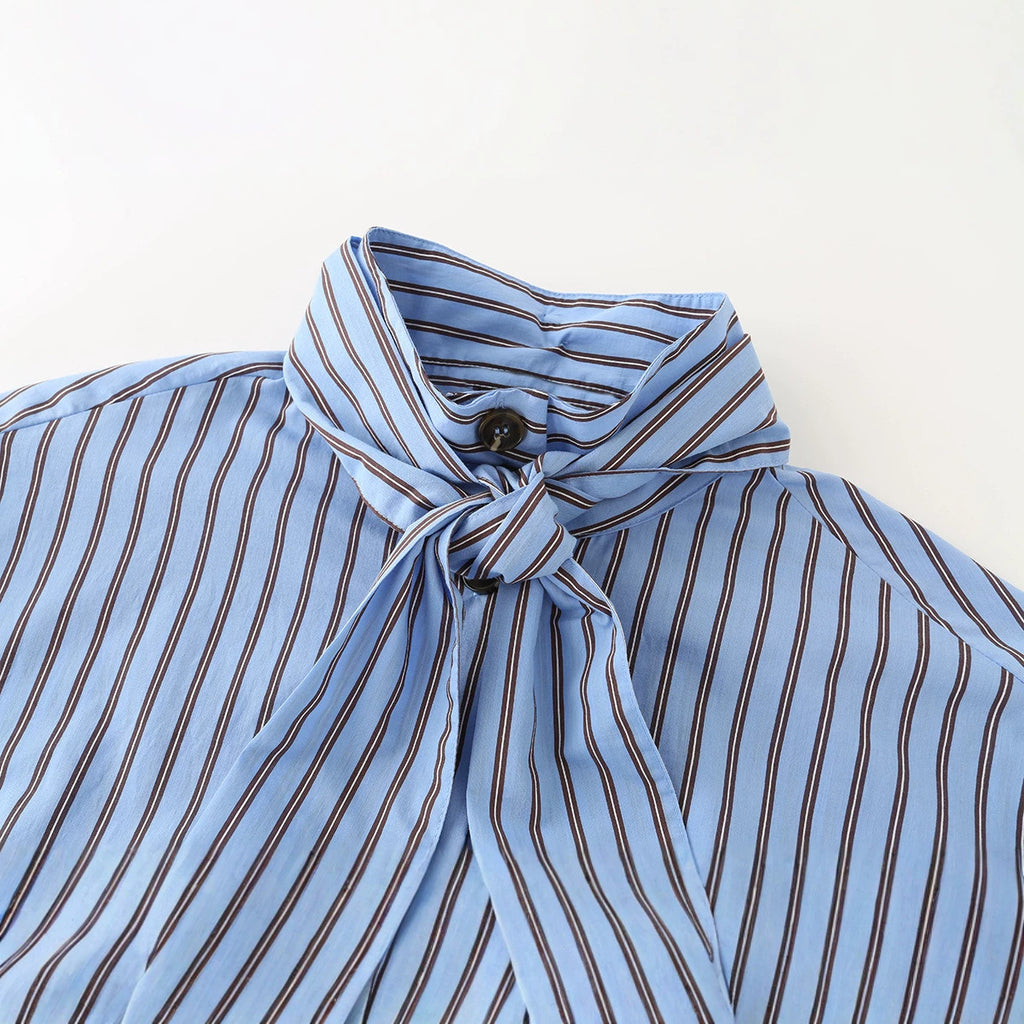 Bow tie tied long sleeved striped shirt for women
