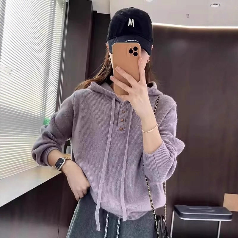 Pull en tricot à capuche à manches longues et fermeture éclair pour femmes Haut décontracté à coupe ample