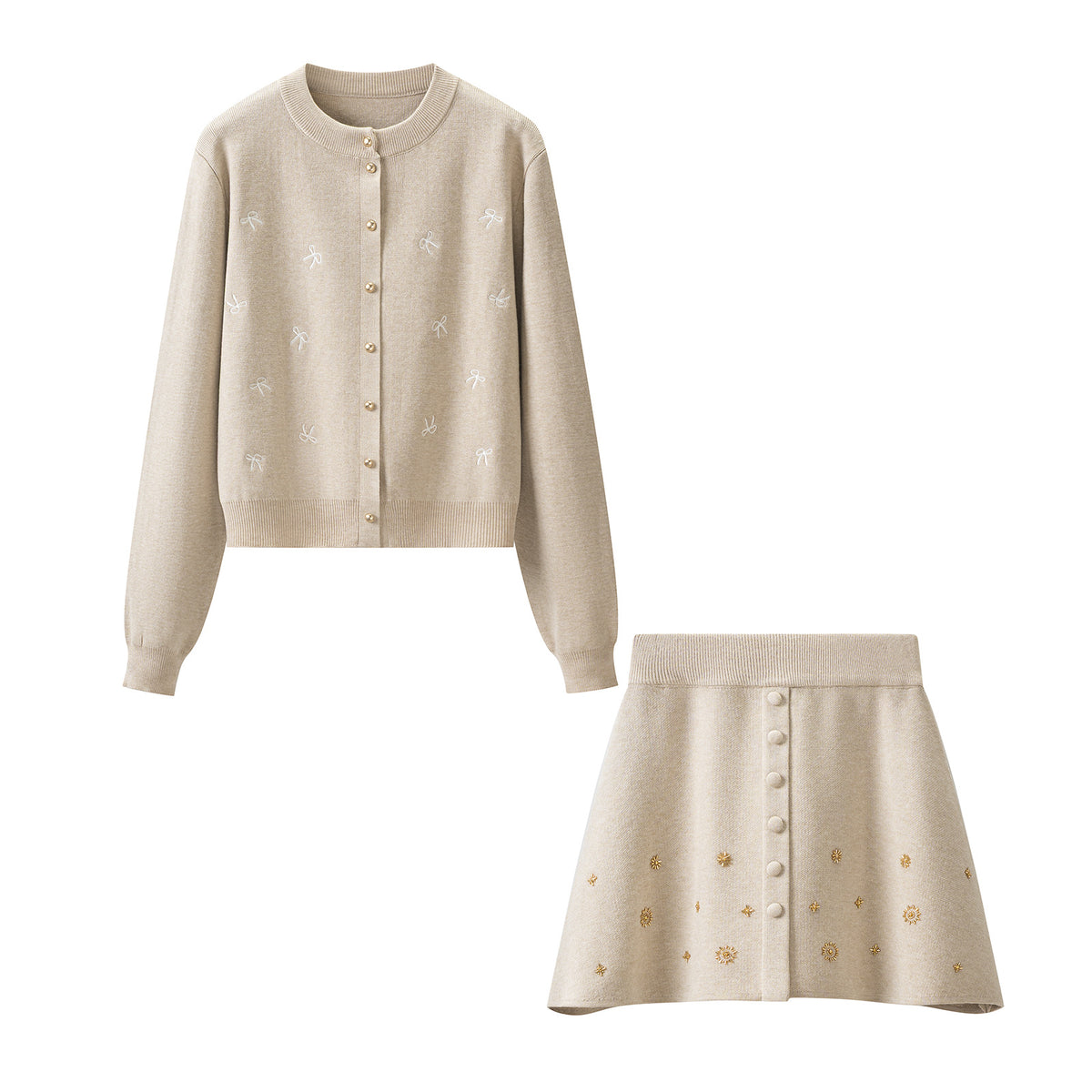 Women's Embroidered Long Sleeve Knit Cardigan and A-Line Mini Skirt Two-Piece Set