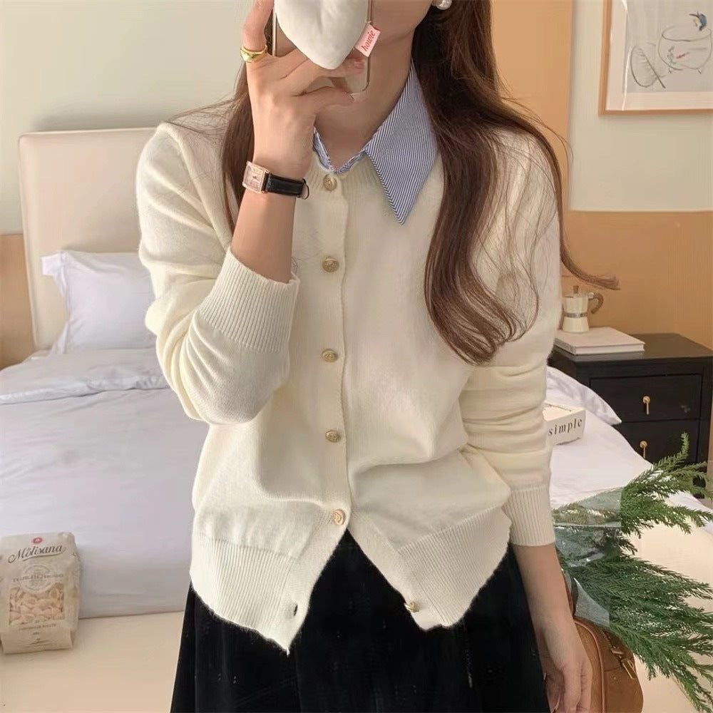 Shirt collar patchwork long sleeved sweater for women