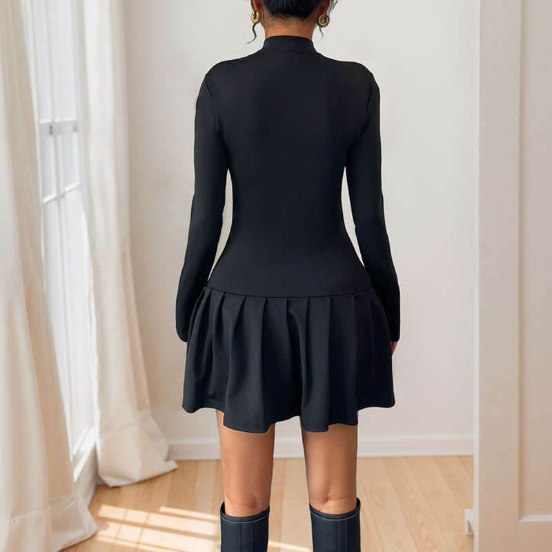 Sweet Pleated Long Sleeve Half Turtleneck Bowknot Short Dress