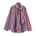 Loose bow decoration scarf collar long sleeved striped shirt for women