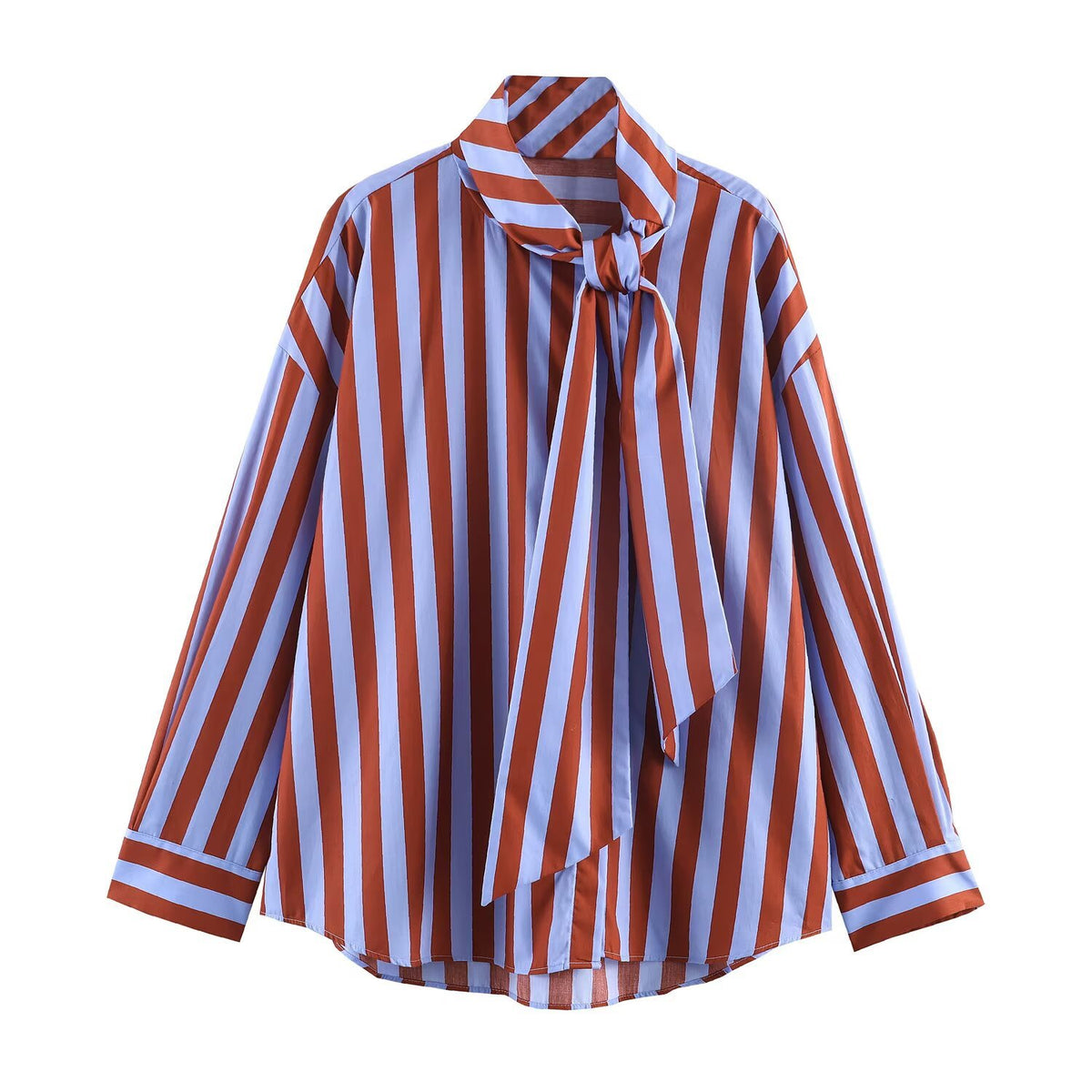 Loose bow decoration scarf collar long sleeved striped shirt for women