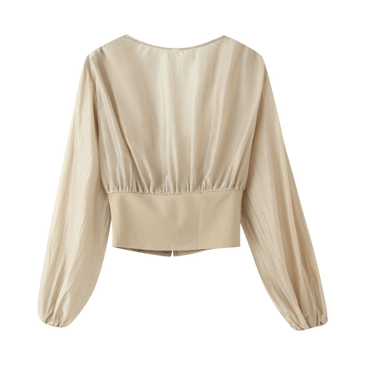 Slim fit patchwork V-neck pleated long sleeved shirt for women