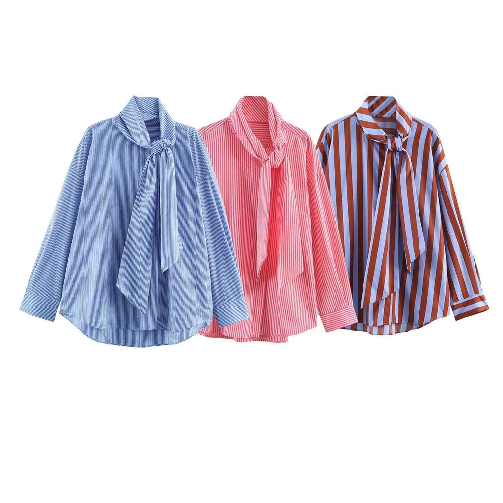Loose bow decoration scarf collar long sleeved striped shirt for women