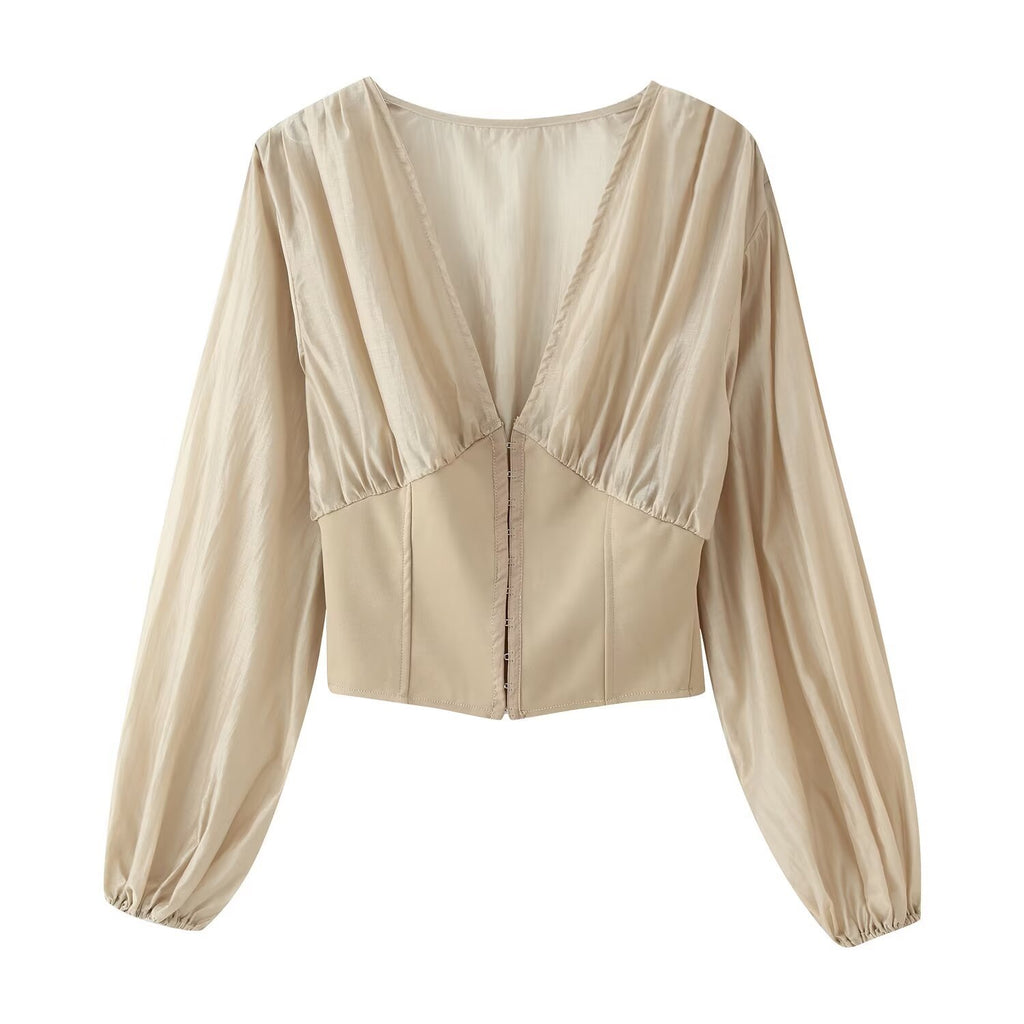 Slim fit patchwork V-neck pleated long sleeved shirt for women