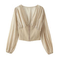Slim fit patchwork V-neck pleated long sleeved shirt for women