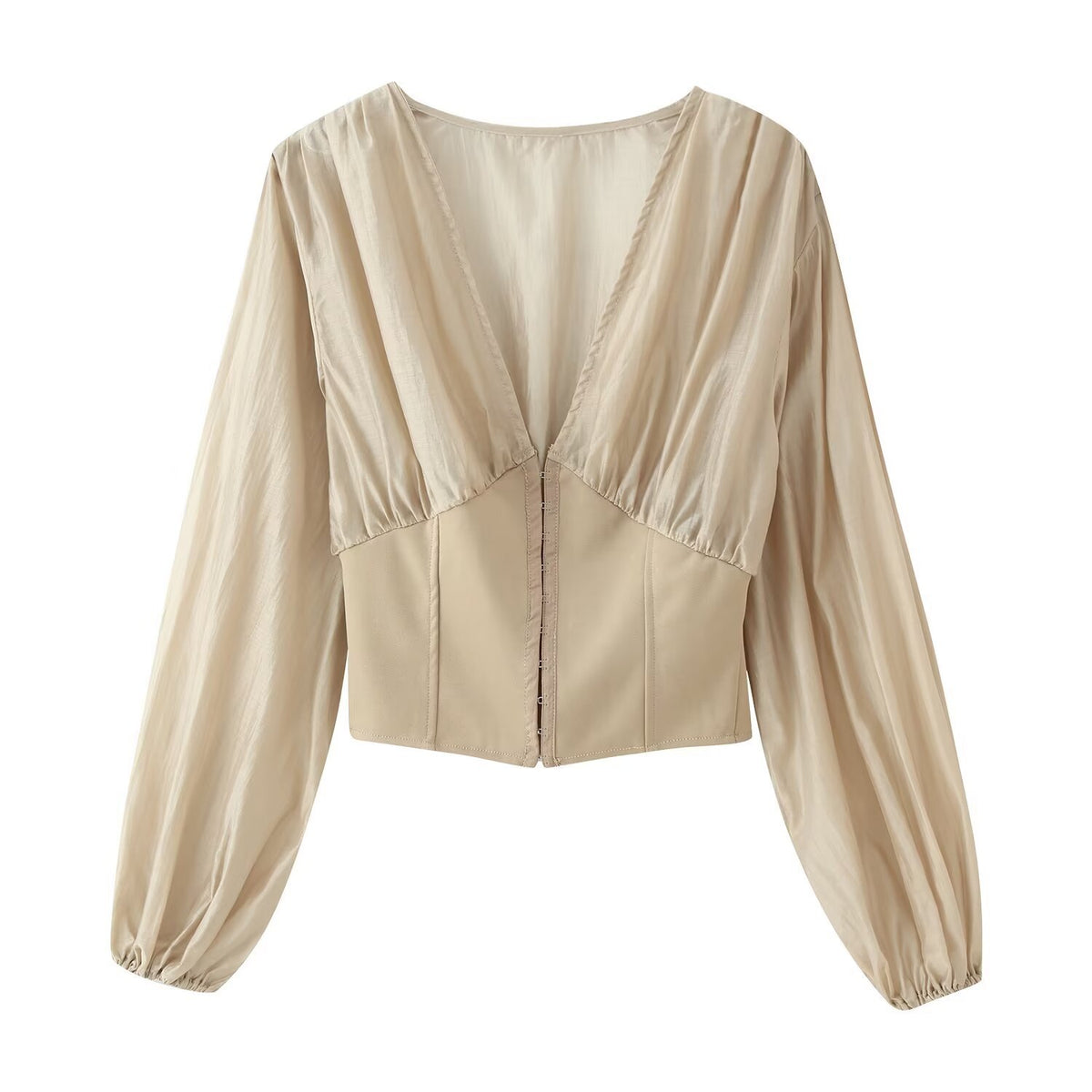 Slim fit patchwork V-neck pleated long sleeved shirt for women