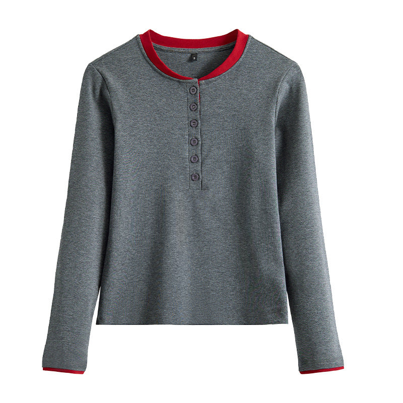 Round neck open button long sleeved women's T-shirt
