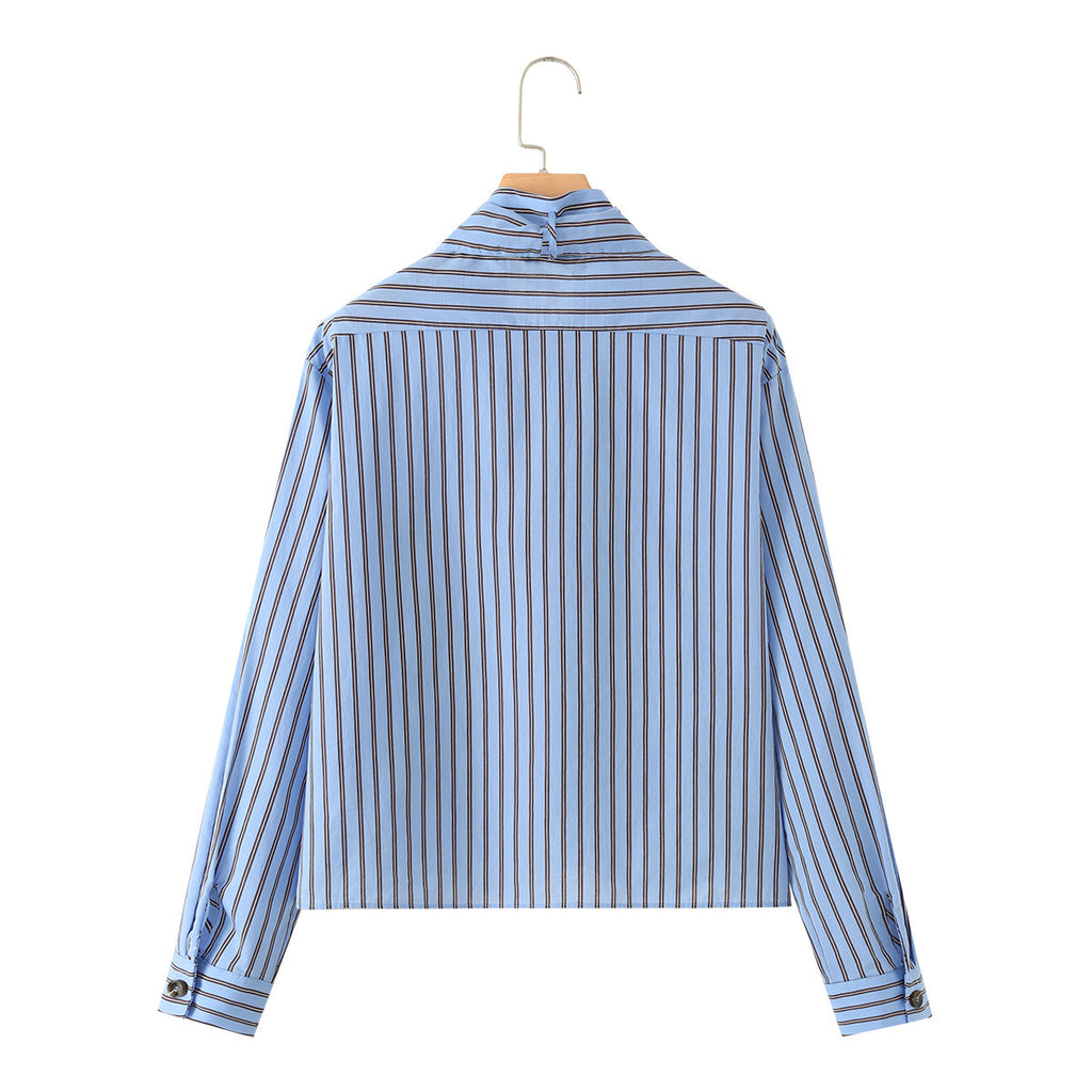 Bow tie tied long sleeved striped shirt for women