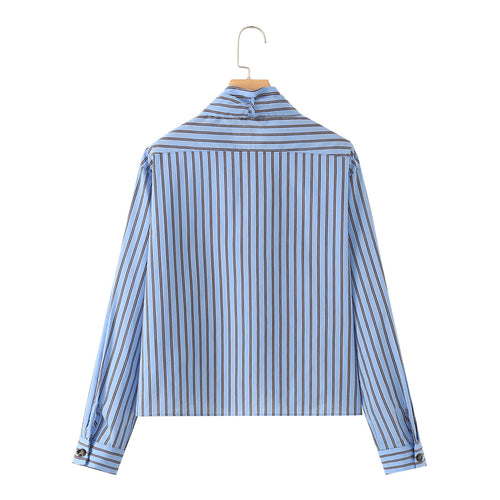 Bow tie tied long sleeved striped shirt for women