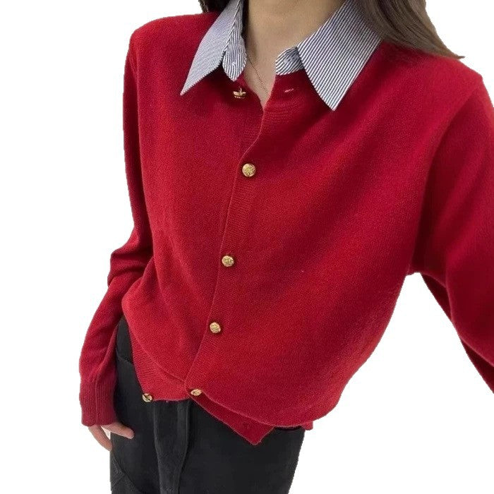 Shirt collar patchwork long sleeved sweater for women