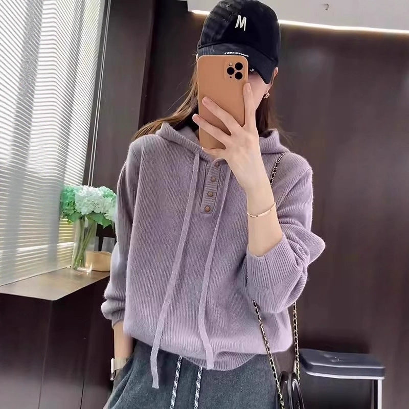 Pull en tricot à capuche à manches longues et fermeture éclair pour femmes Haut décontracté à coupe ample