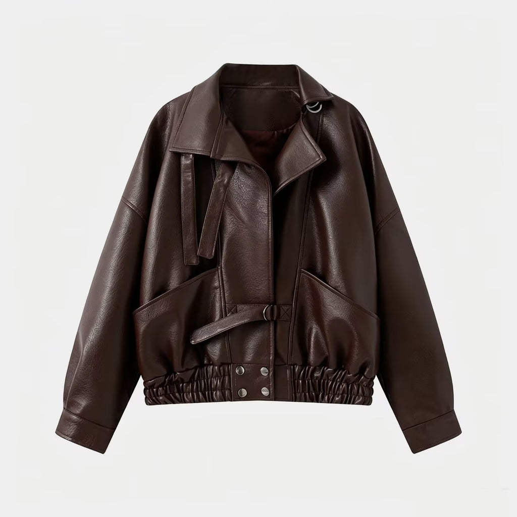 Veste de moto vintage en faux cuir avec ceinture pour femmes
