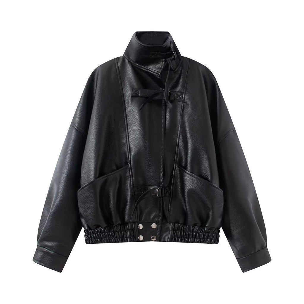Veste de moto vintage en faux cuir avec ceinture pour femmes