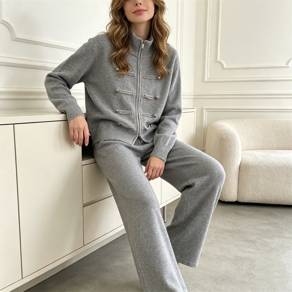 Double zipper long sleeved sweater set for women