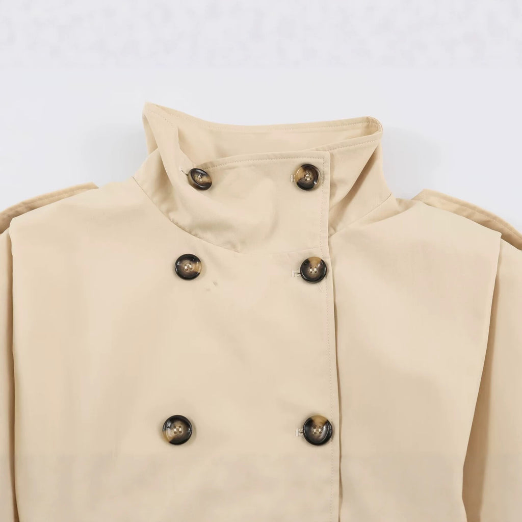 Trench-coat plissé décontracté à double boutonnage pour femmes