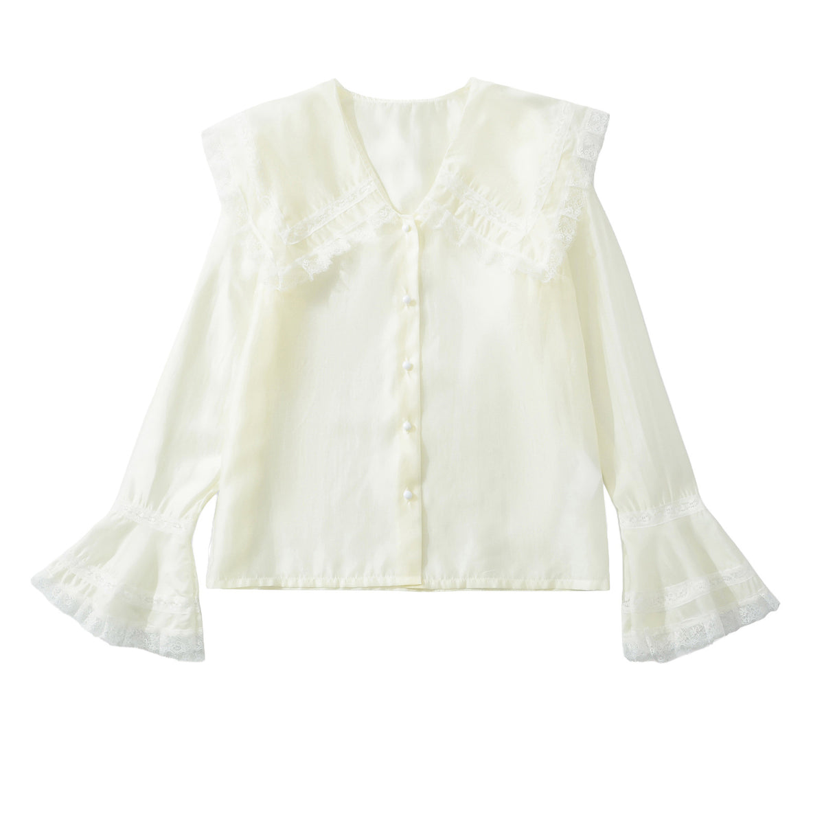 Lace patchwork doll collar lightweight flared sleeve shirt top for women
