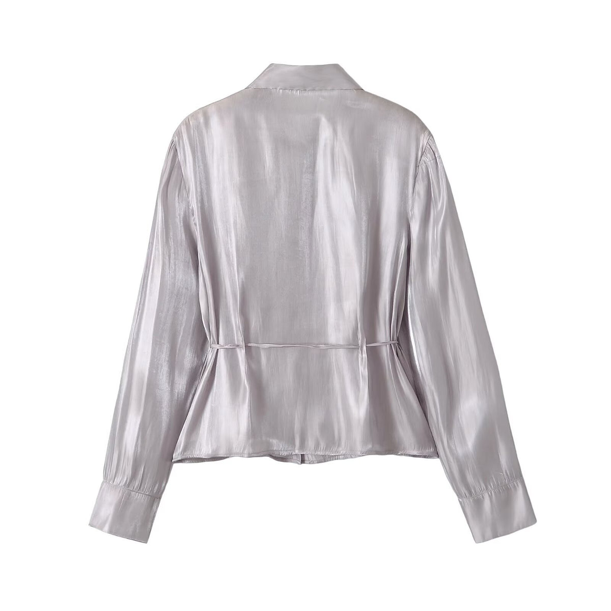 Casual glossy effect belt waist cinched shirt for women