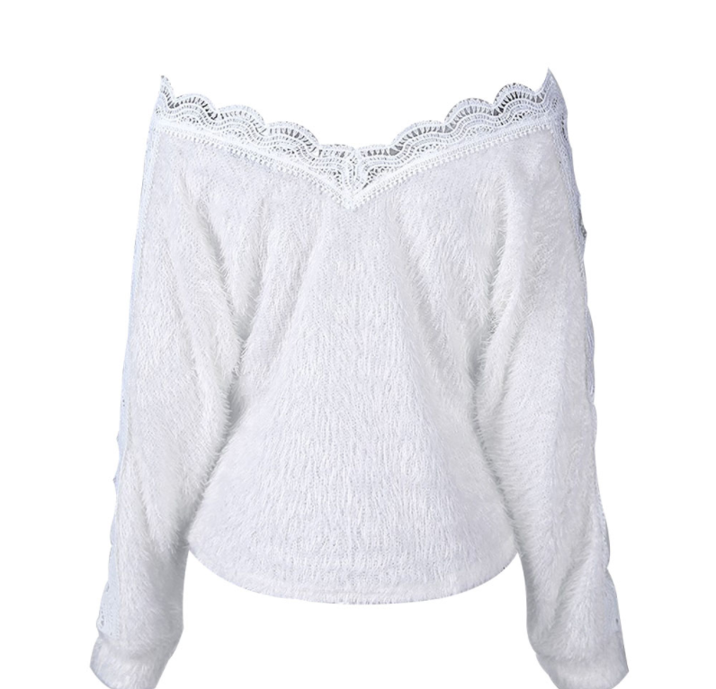 Sexy V Neck Lace Hollow Knit Sweater Autumn Winter Long Sleeve Pullover Tops Elegant Women White Jumper Pull Femme Free Shipping