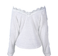Sexy V Neck Lace Hollow Knit Sweater Autumn Winter Long Sleeve Pullover Tops Elegant Women White Jumper Pull Femme Free Shipping