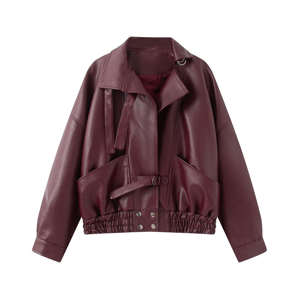 Veste de moto vintage en faux cuir avec ceinture pour femmes