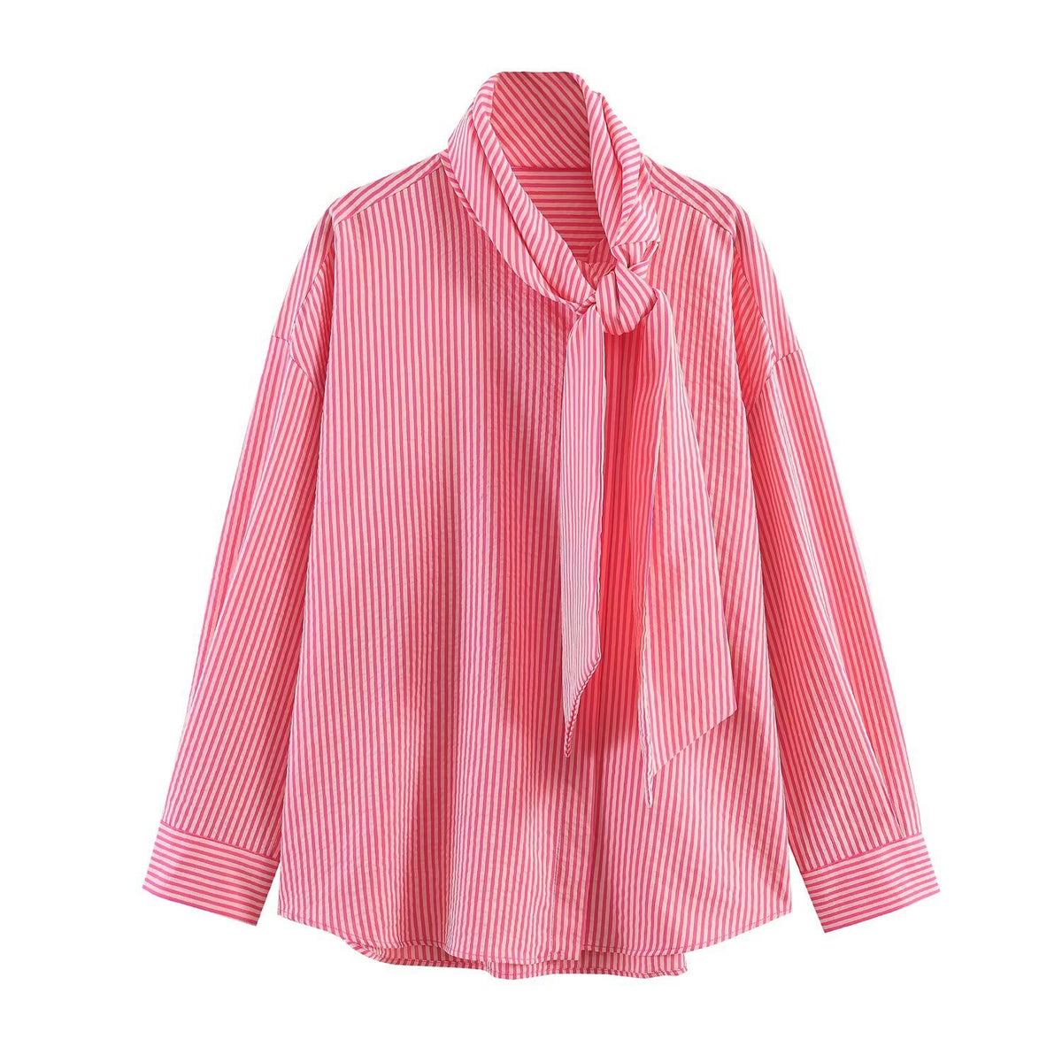 Loose bow decoration scarf collar long sleeved striped shirt for women