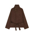 Wearing a long sleeved woolen jacket with a belt for women