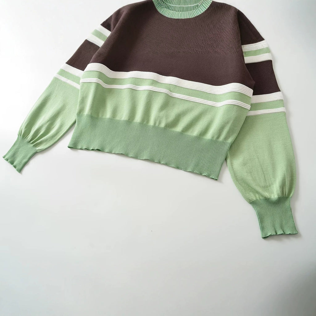 Versatile loose contrasting striped knitted sweater for women