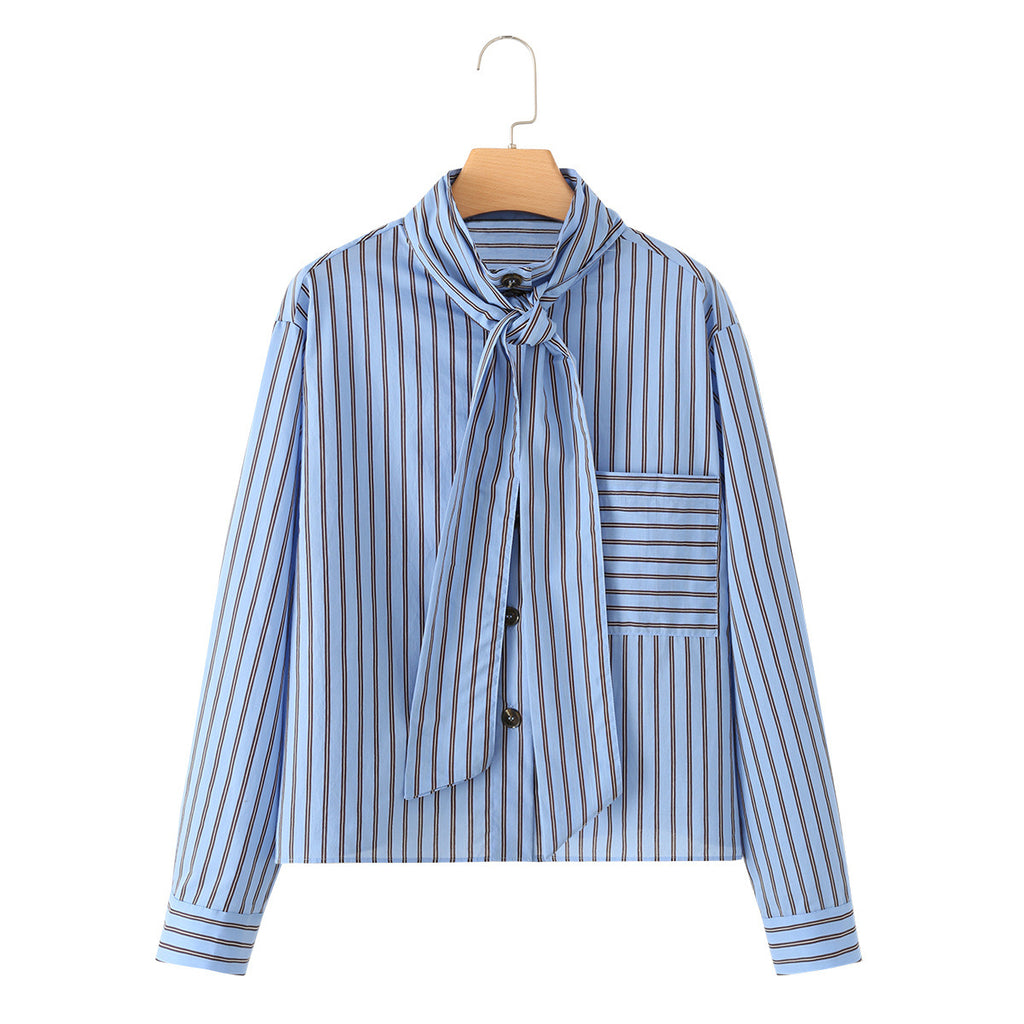 Bow tie tied long sleeved striped shirt for women
