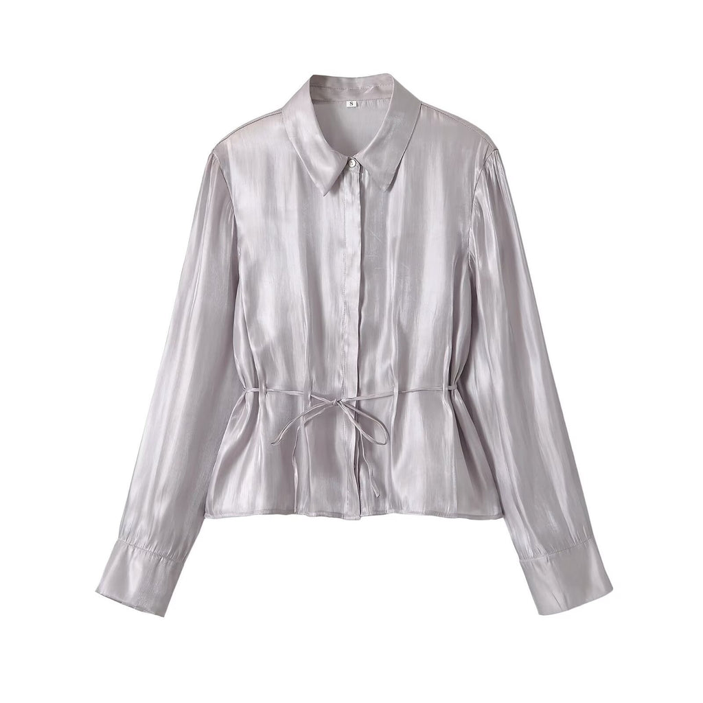 Casual glossy effect belt waist cinched shirt for women
