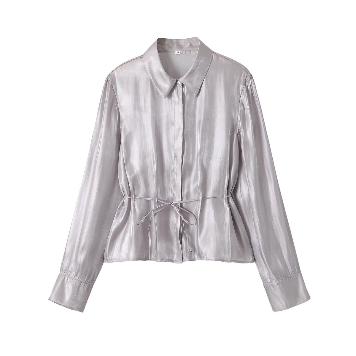 Casual glossy effect belt waist cinched shirt for women