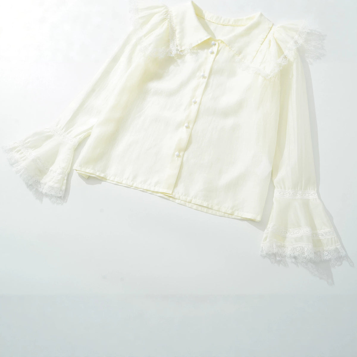 Lace patchwork doll collar lightweight flared sleeve shirt top for women
