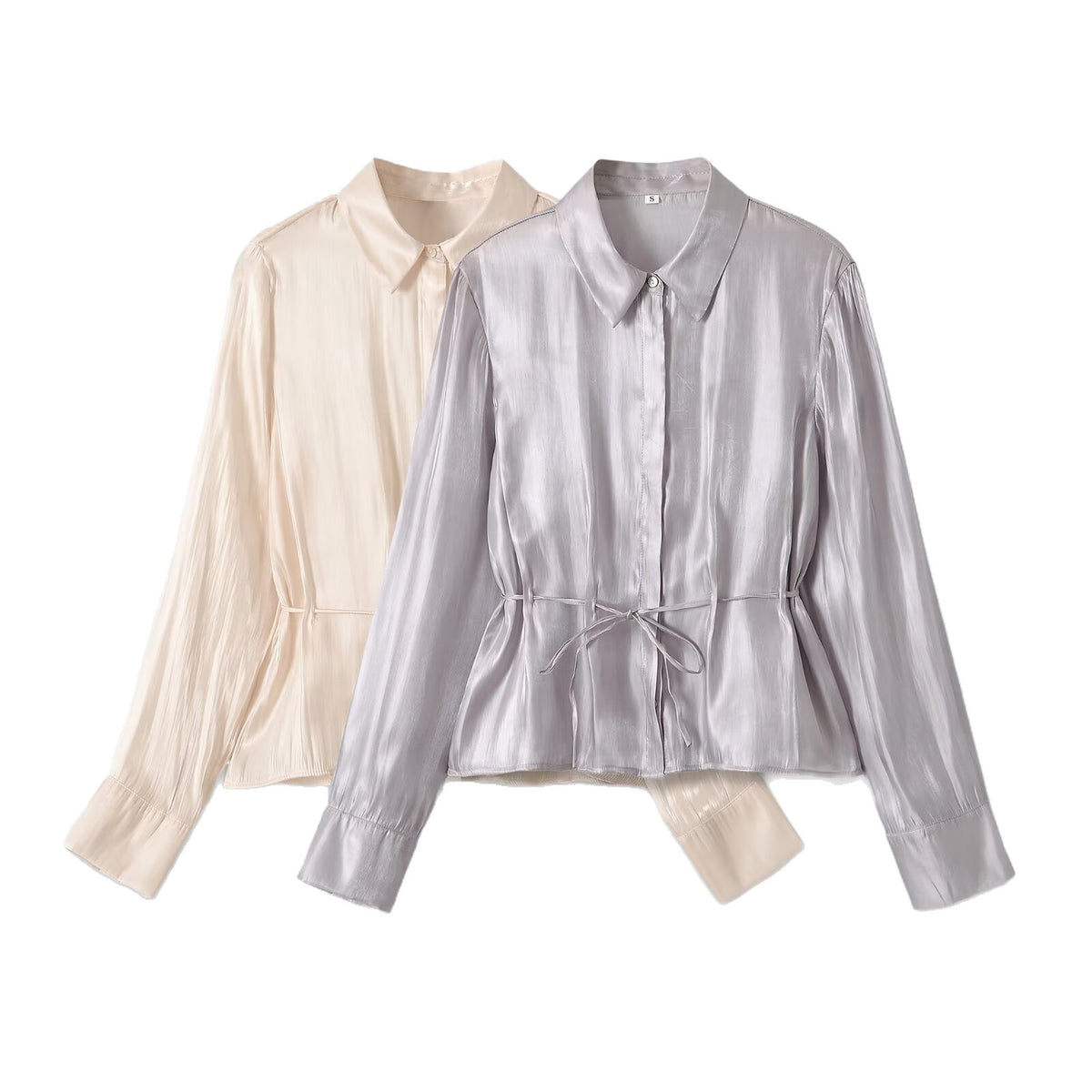 Casual glossy effect belt waist cinched shirt for women
