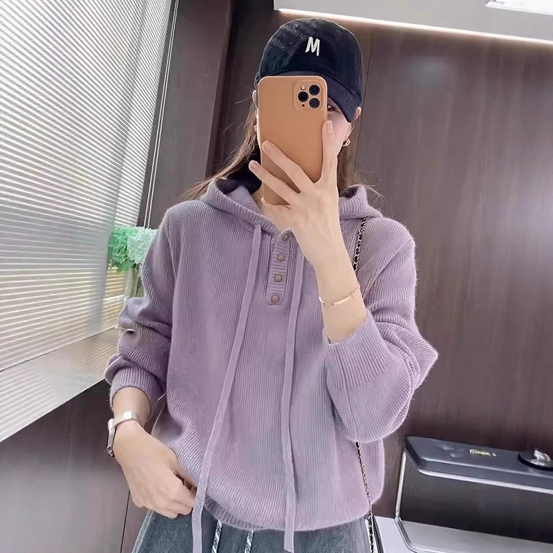 Pull en tricot à capuche à manches longues et fermeture éclair pour femmes Haut décontracté à coupe ample