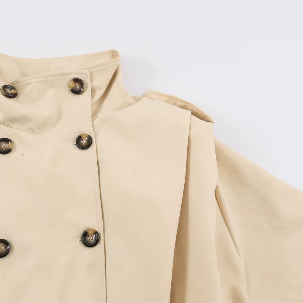 Trench-coat plissé décontracté à double boutonnage pour femmes