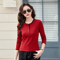 Round neck open button long sleeved women's T-shirt