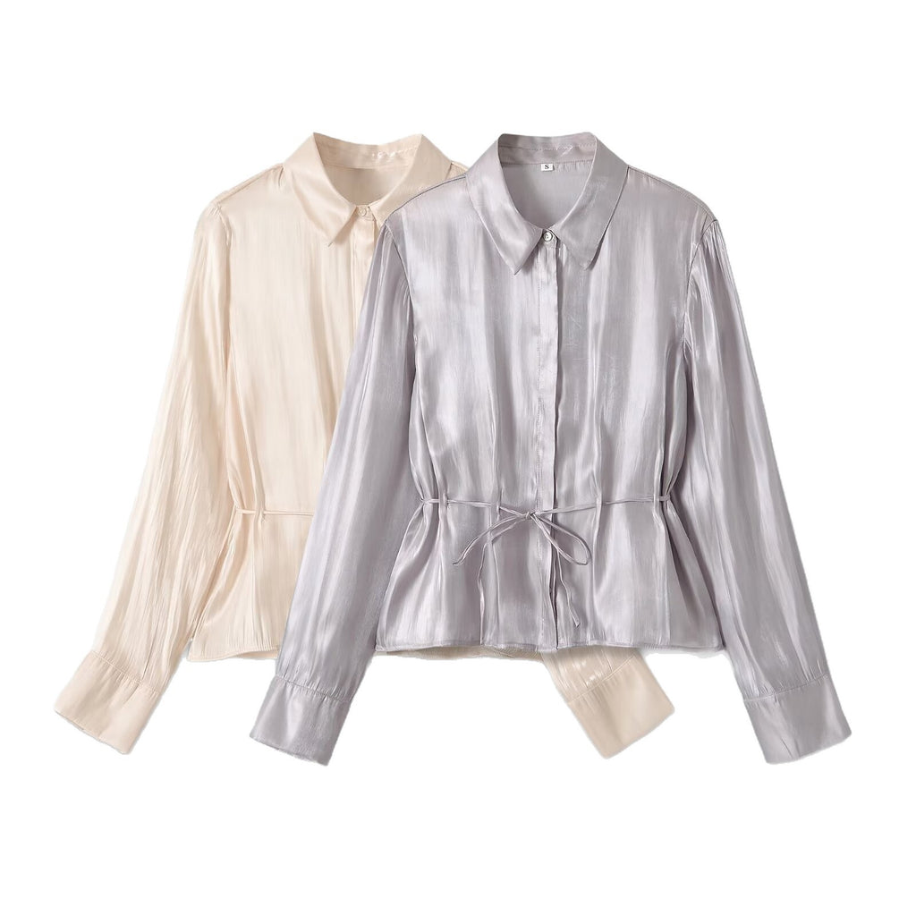 Casual glossy effect belt waist cinched shirt for women