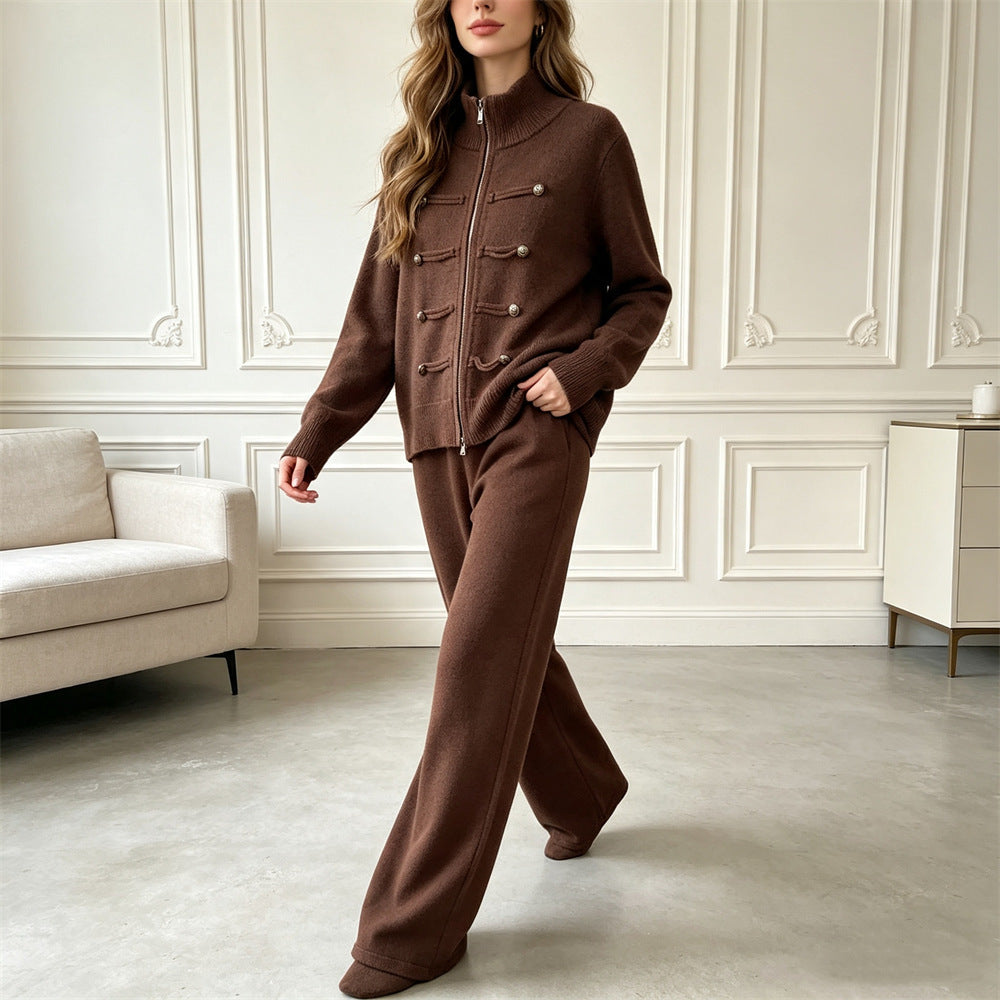 Double zipper long sleeved sweater set for women