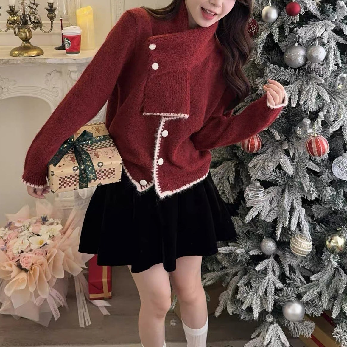 Collision ribbon scarf sweater